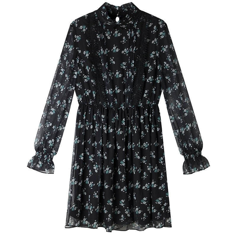 Sweet Floral Print High Collar Chiffon Ruffle Dress | VoguesUs