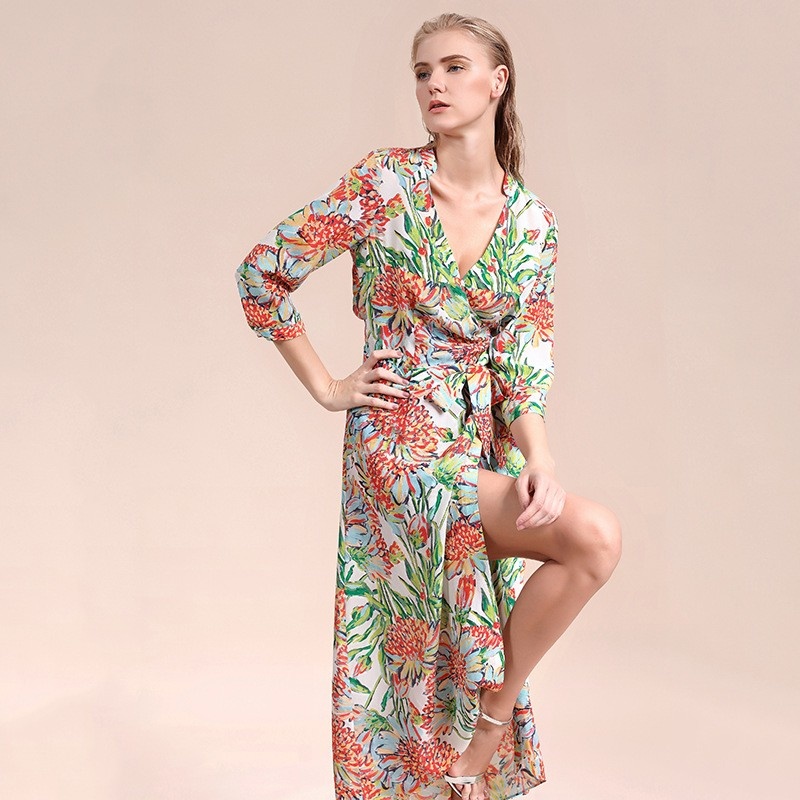 Mode Sexy Col V En Soie À Imprimé Floral Robe Maxi | VoguesUs