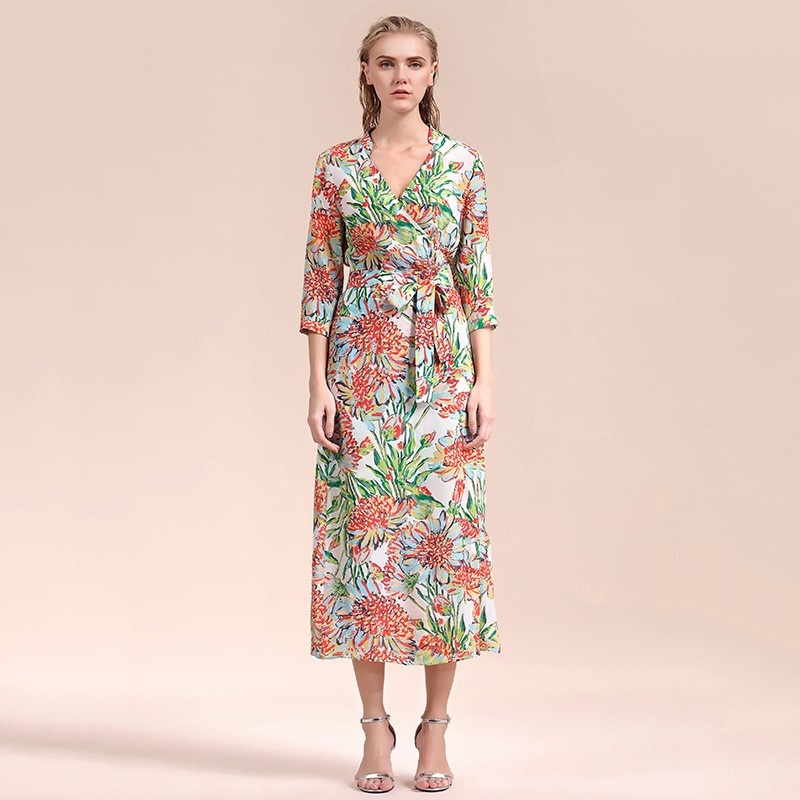 Fashion Sexy V-Neck Silk Floral Print Maxi Kleid | VoguesUs