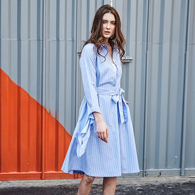 Fashion Fresh Blue Striped Midi Dress With Tie Belt | VoguesUs