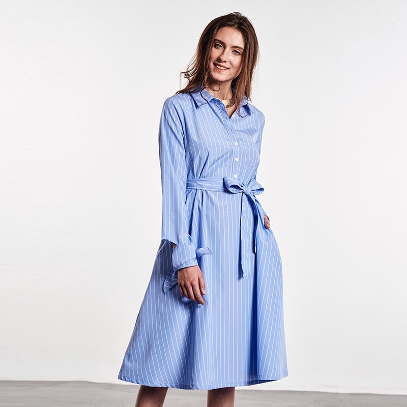 De La Mode Frais Bleu Rayé Midi Robe Avec Ceinture Cravate | VoguesUs