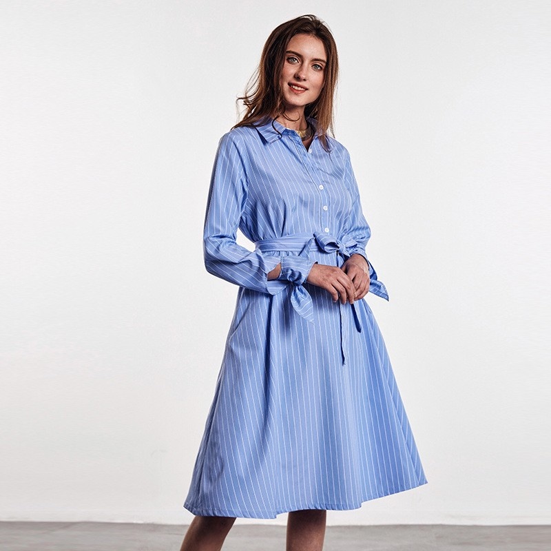 De La Mode Frais Bleu Rayé Midi Robe Avec Ceinture Cravate | VoguesUs