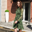 Nouveau Look De La Mode Verte Basée Col Rond Feuille D'Impression Robe