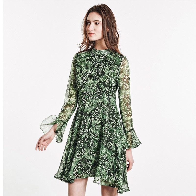Nouveau Look De La Mode Verte Basée Col Rond Feuille D'Impression