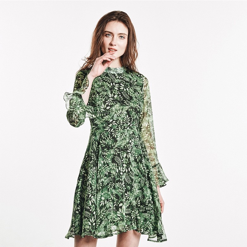 Nouveau Look De La Mode Verte Basée Col Rond Feuille D'Impression