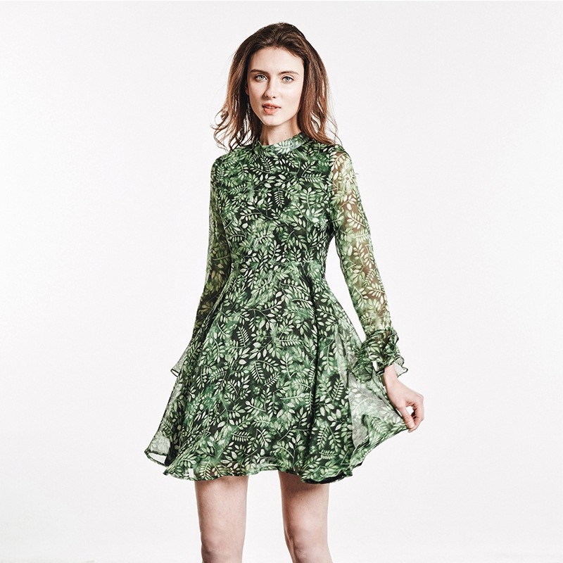 Nouveau Look De La Mode Verte Basée Col Rond Feuille D'Impression