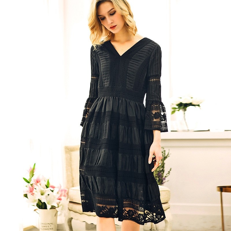 Costura Bordado Cuello V Ruffle Vestido Midi Con Detalle De Fruncido