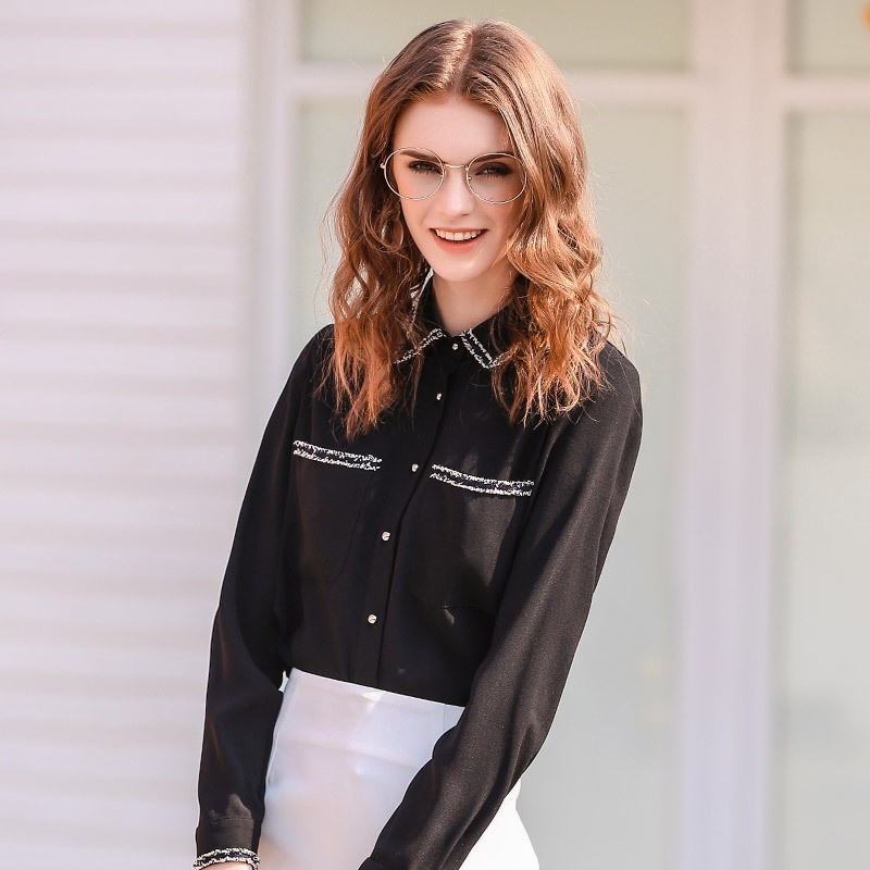 Fashion Black Long Sleeve Shirt With Stitching Collar Detail |