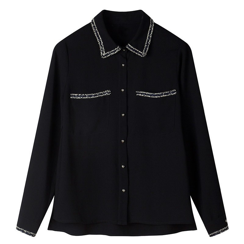 Mode Noir Chemise À Manches Longues Avec Coutures Col De Détails |