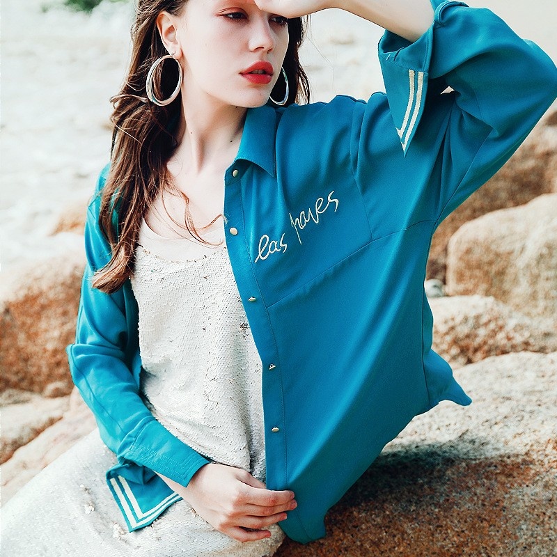 Light Sea Green Casual Long Sleeve Letter Embroidery Shirt | VoguesUs