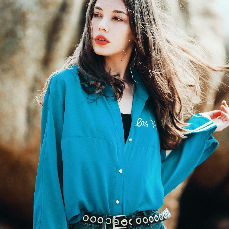 Light Sea Green Casual Long Sleeve Letter Embroidery Shirt | VoguesUs