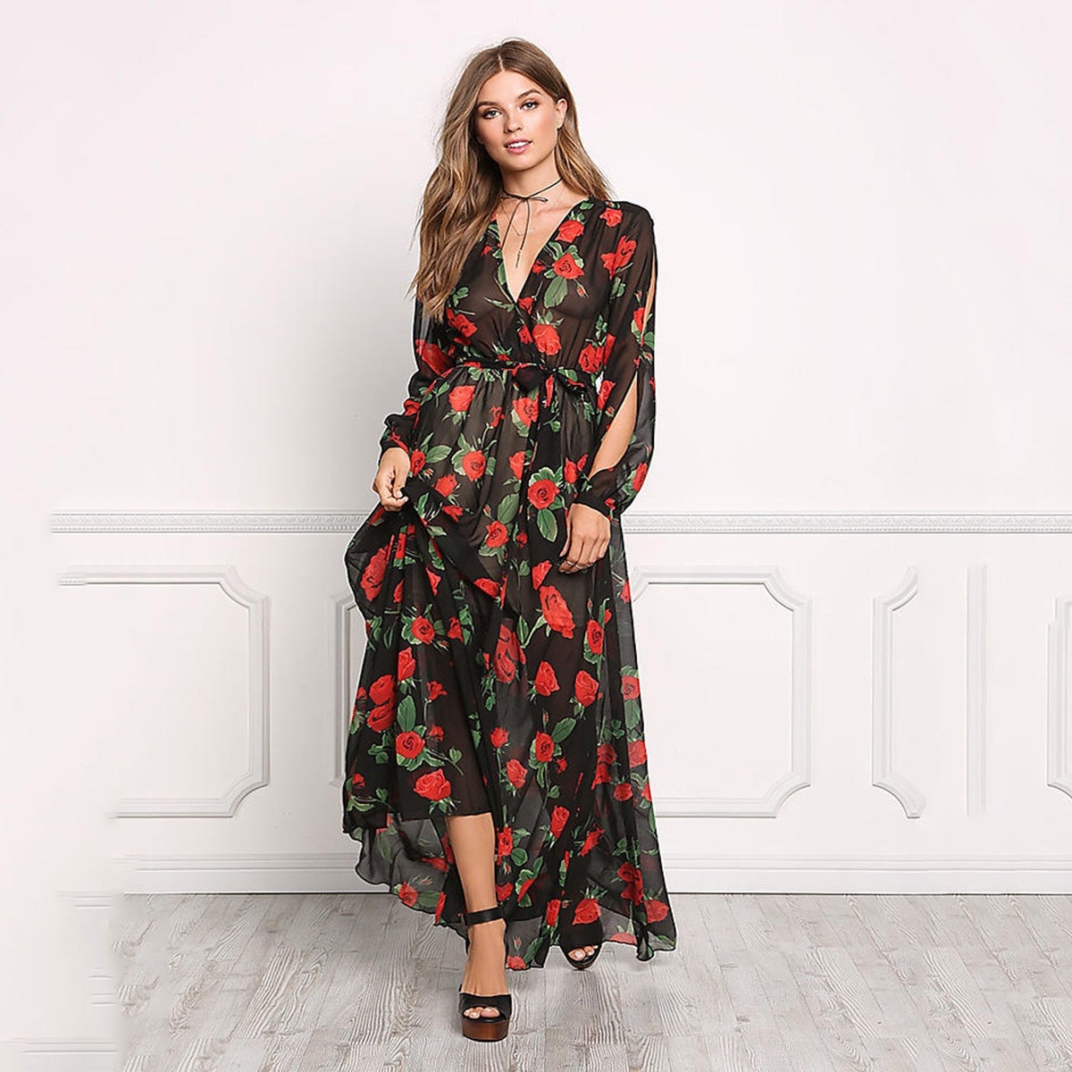 sexy deep v collar floral printed maxi dress