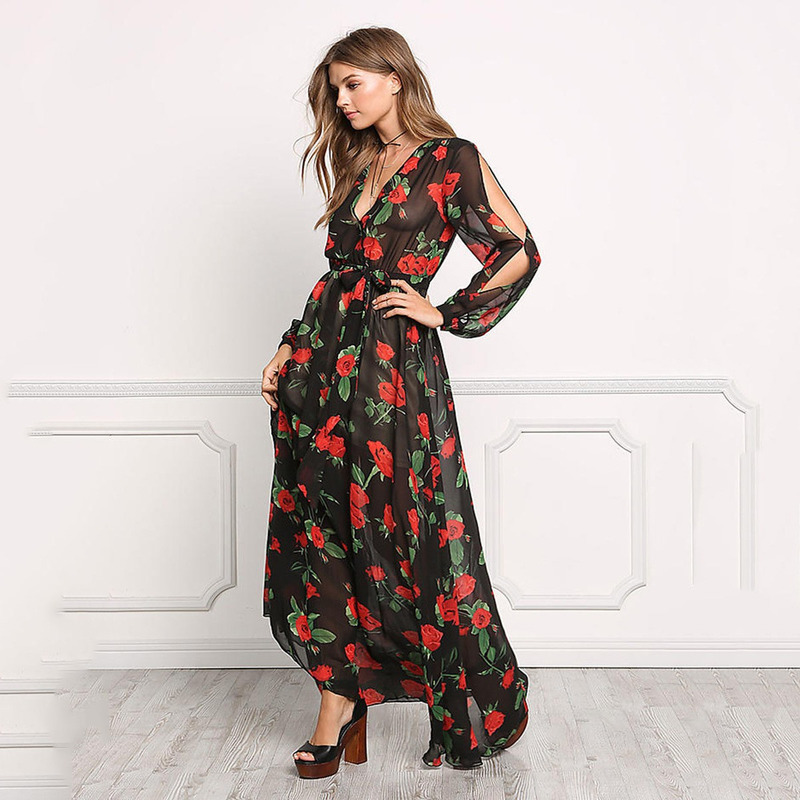 Élégant Sexy V Profond Du Cou Imprimé Floral Robe Maxi | VoguesUs