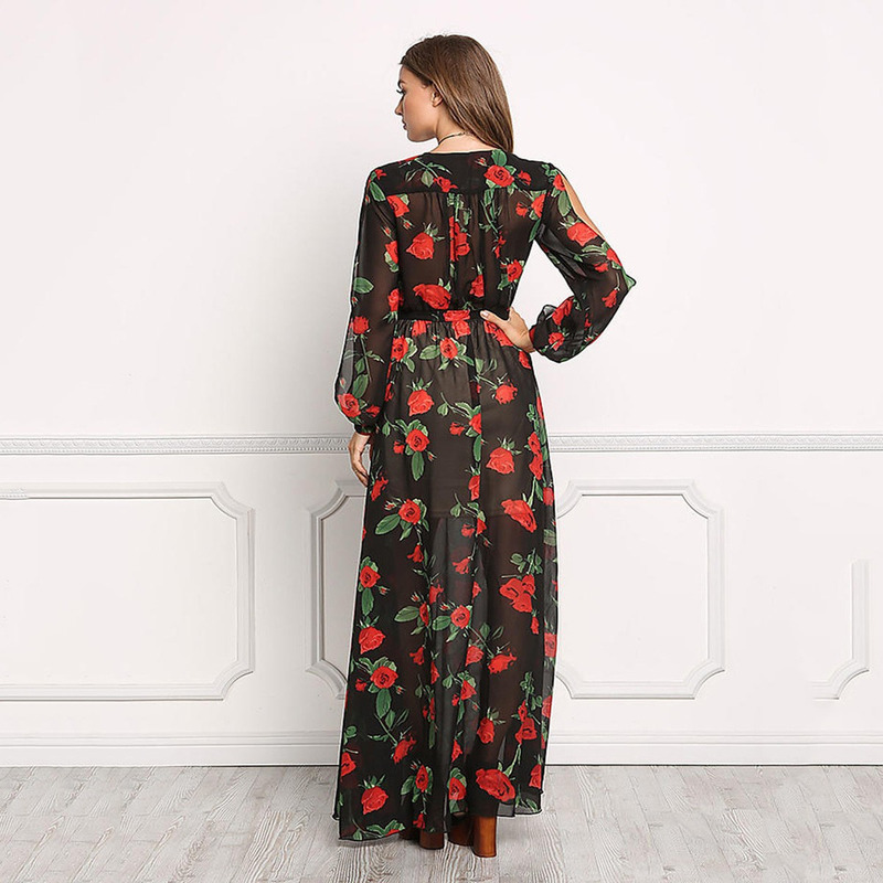 Elegant Sexy Deep V Neck Floral Print Maxi Dress | VoguesUs