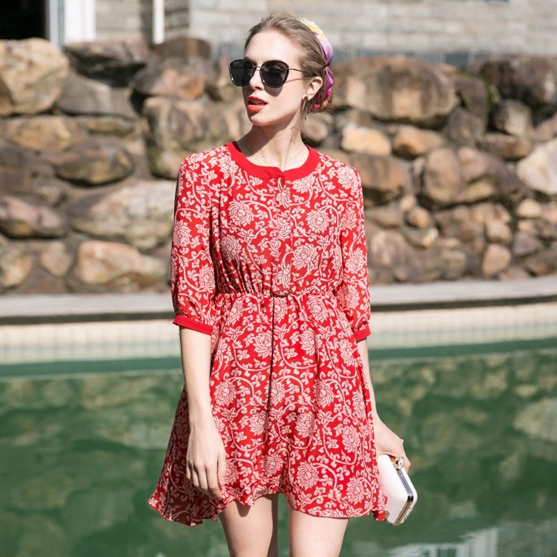 Elegant Floral Print Mulberry Silk Mini Dress | VoguesUs