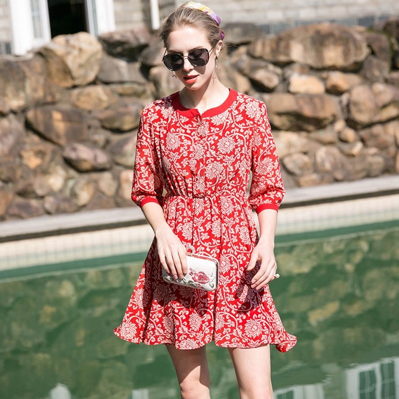 Elegant Floral Print Mulberry Silk Mini Dress | VoguesUs