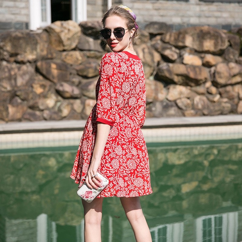 Elegant Floral Print Mulberry Silk Mini Dress | VoguesUs