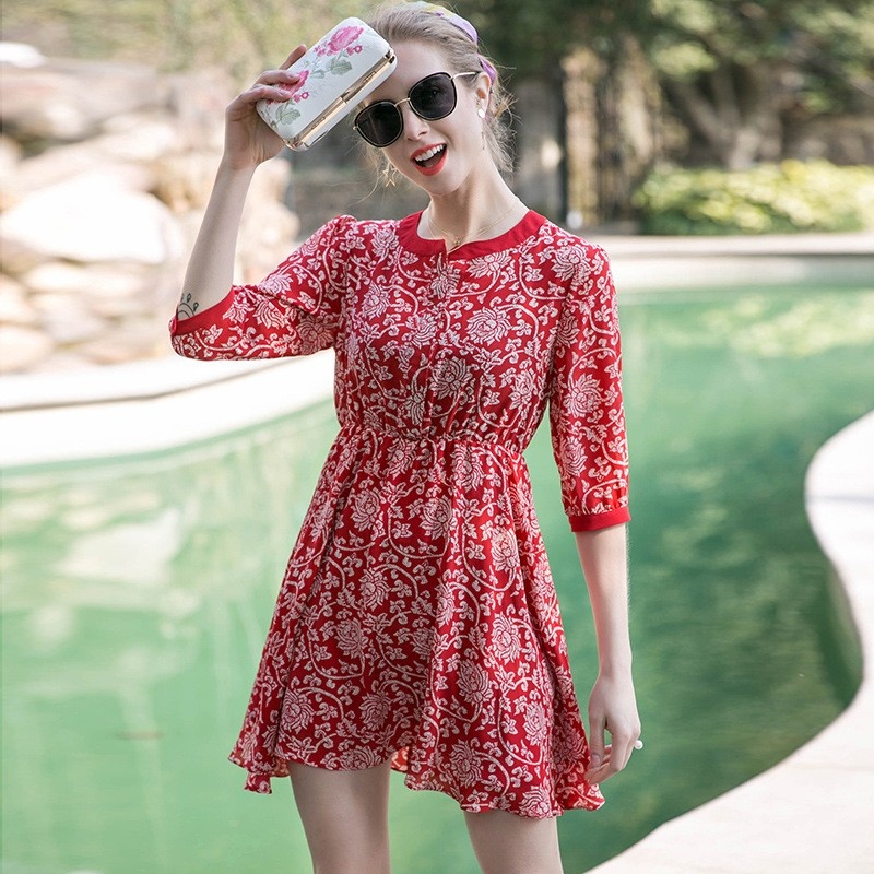 Elegant Floral Print Mulberry Silk Mini Dress | VoguesUs