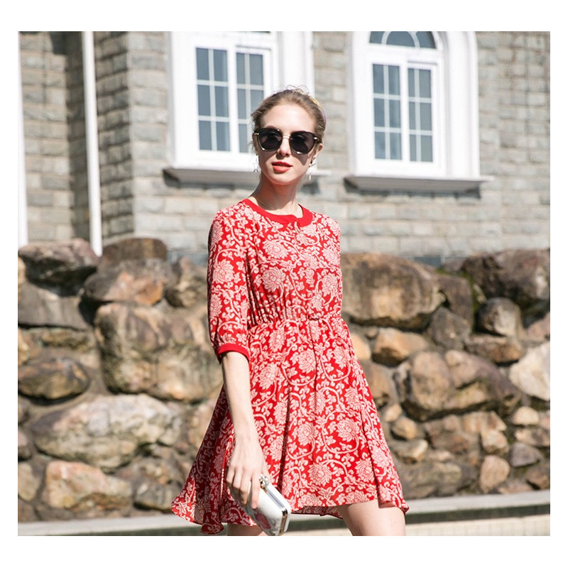 Elegant Floral Print Mulberry Silk Mini Dress | VoguesUs