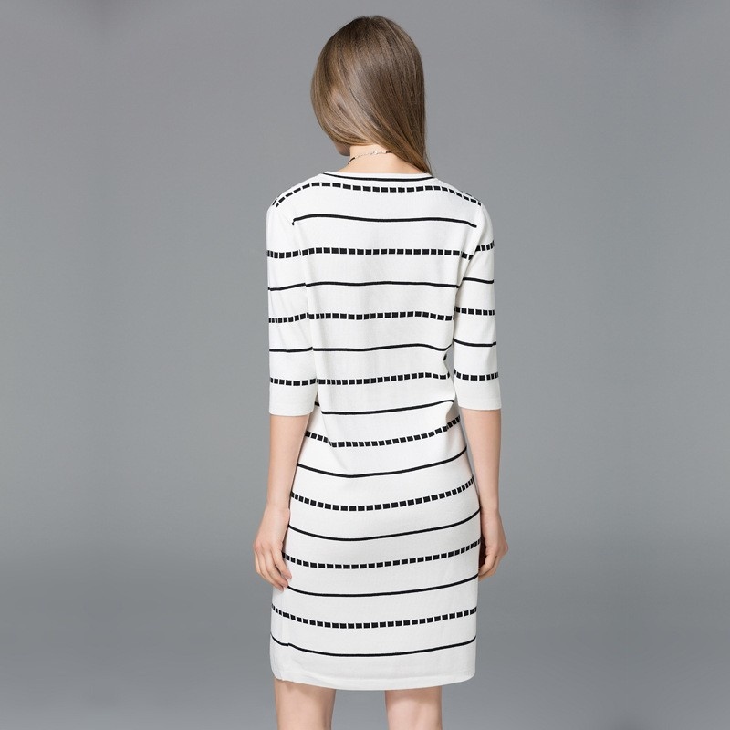 Simple Casual Striped Round Neck Open Dress | VoguesUs