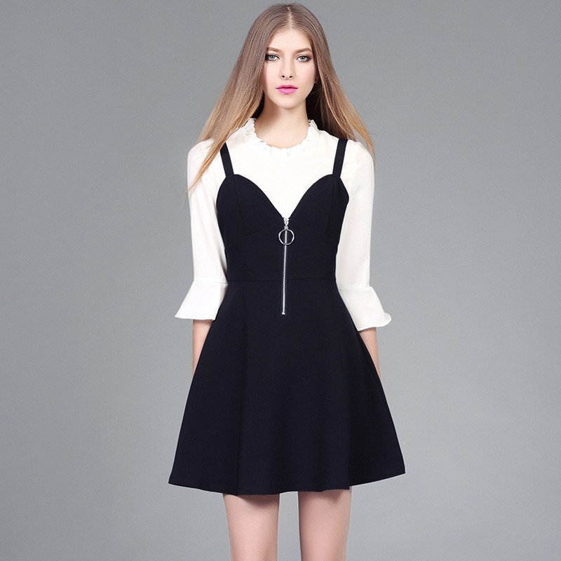 Fashion Black A Line Round Zipper Dress With Flute Sleeve T-Shirt |