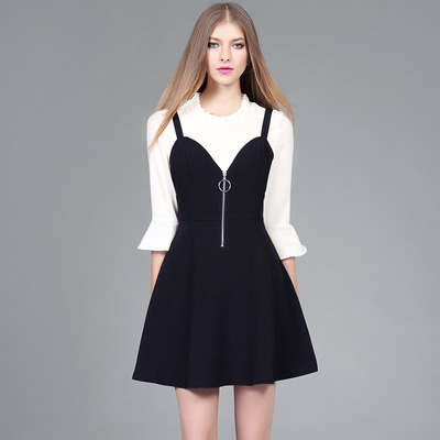 Moda Negro Una Línea Alrededor De Cremallera Vestido Con La Flauta De