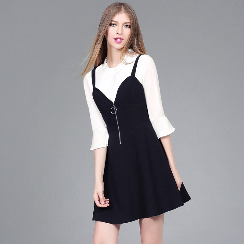 Fashion Black A Line Round Zipper Dress With Flute Sleeve T-Shirt |