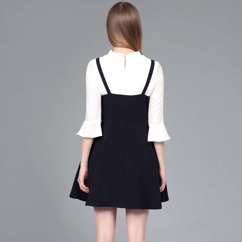 Fashion Black A Line Round Zipper Dress With Flute Sleeve T-Shirt |