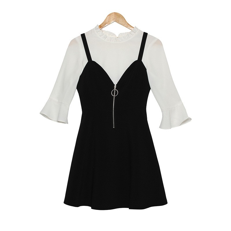 Fashion Black A-Line Round Reißverschluss Kleid Mit Flöte Sleeve