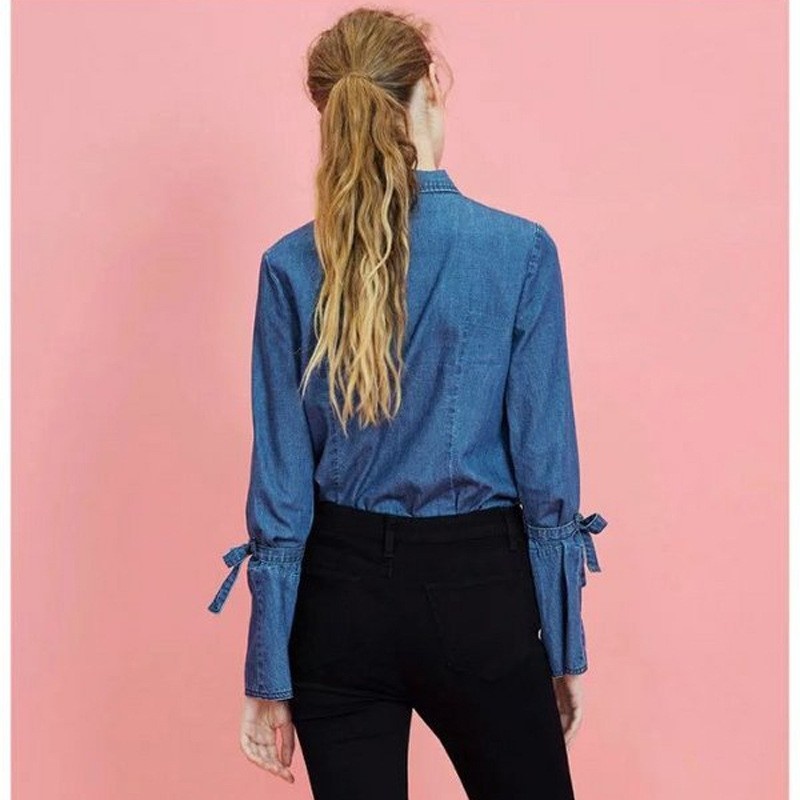 Casual-Mode-Lautsprecher-Ärmeln Bow Tie Jeans Shirt | VoguesUs
