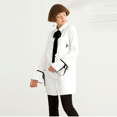 Simple And Relaxed Bow Tie Trumpet Sleeves Long Shirt | VoguesUs