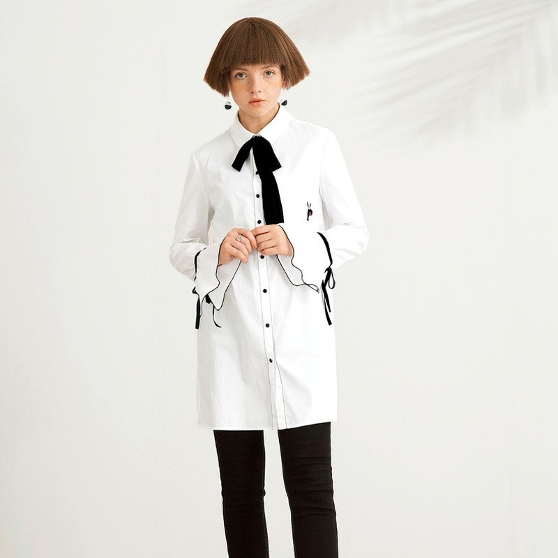 Simple And Relaxed Bow Tie Trumpet Sleeves Long Shirt | VoguesUs