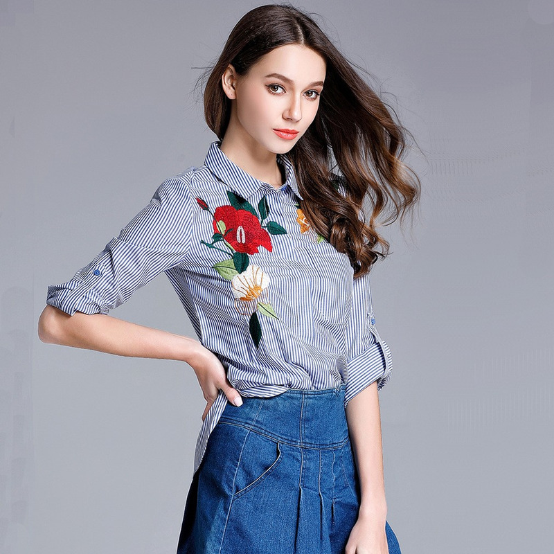 Moda Exquisita Flor Bordada Camisa De Rayas