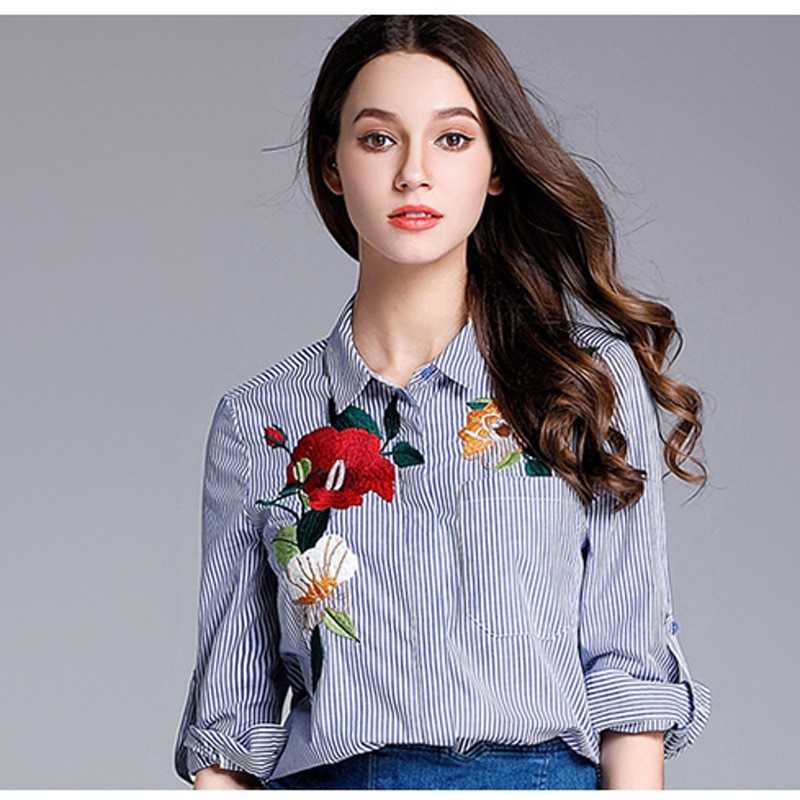 Moda Exquisita Flor Bordada Camisa De Rayas