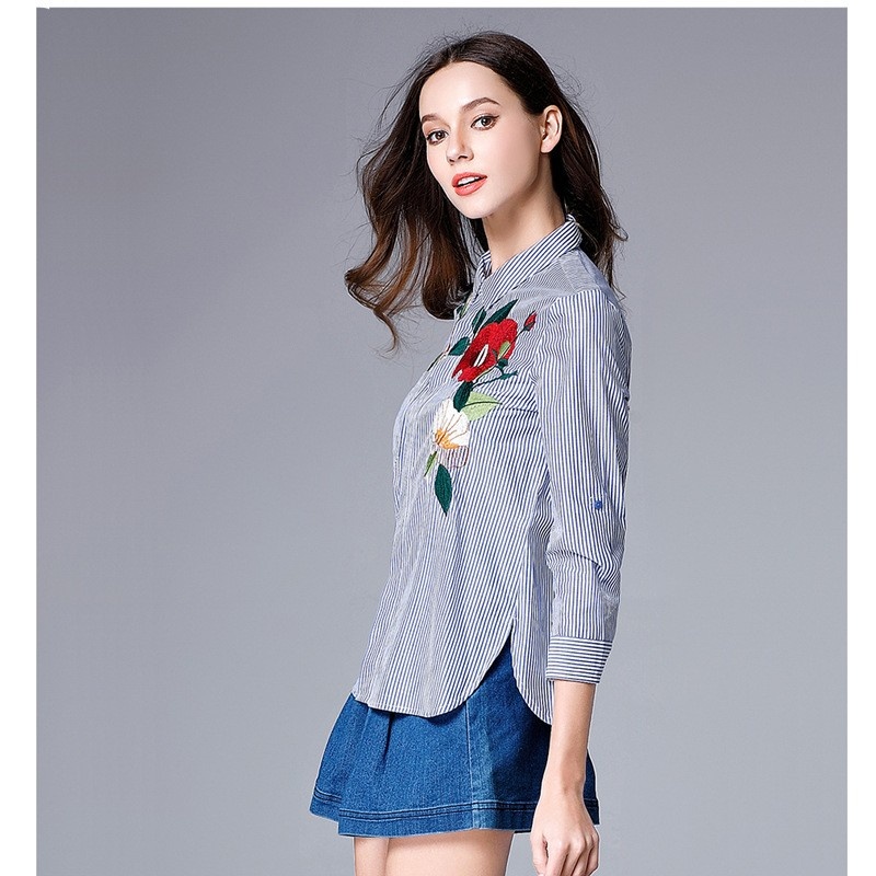 Moda Exquisita Flor Bordada Camisa De Rayas