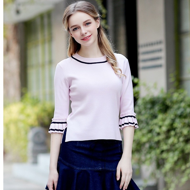 Simple Fashion Comfortable Hit Color Round Neck Was Thin Sweater |