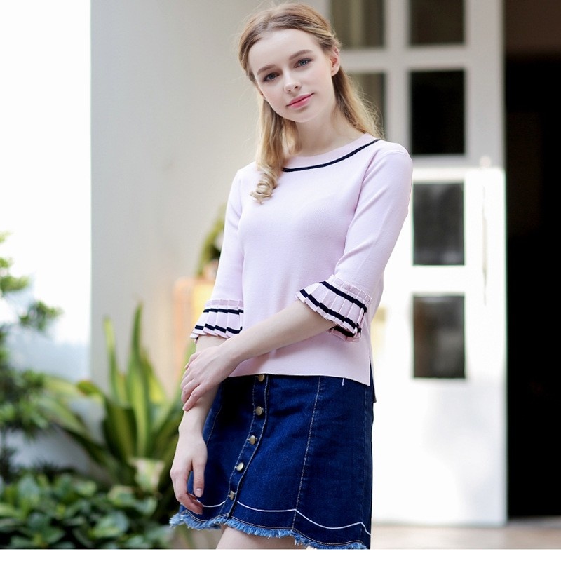 Simple Fashion Comfortable Hit Color Round Neck Was Thin Sweater |