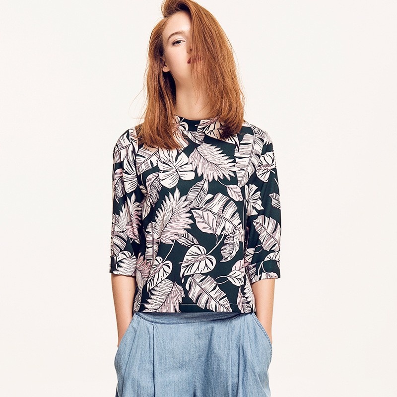 Nuevo Aspecto De La Impresión Floral Cuello Alto Camisa De Mangas 3/4