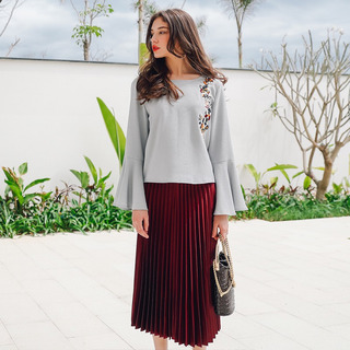 Gray Based Floral Embroidery Long Flute Sleeve Shirt | VoguesUs