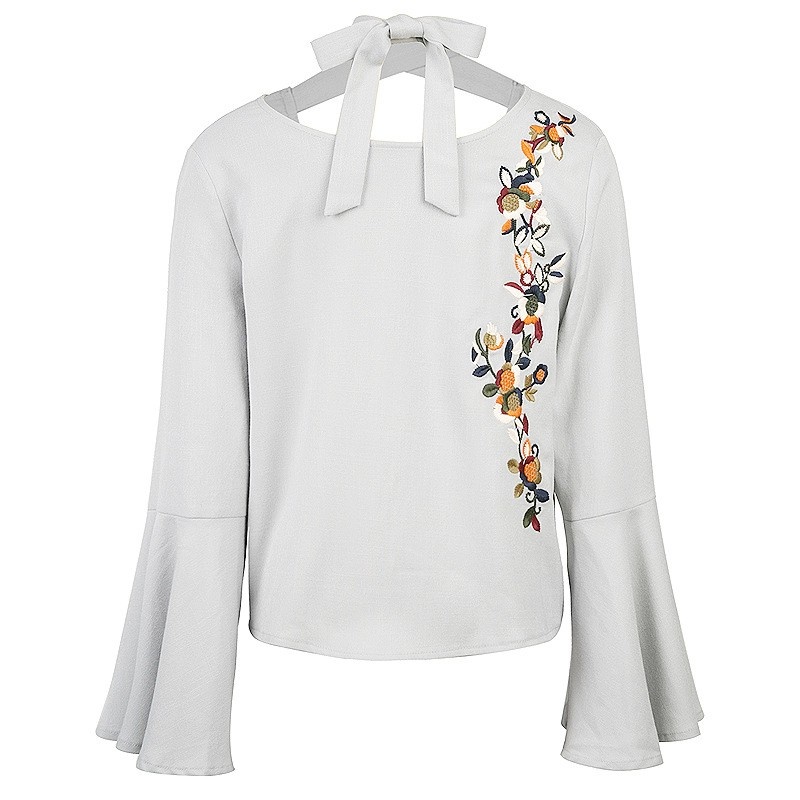 Gris Basado Bordado Floral Largo De La Flauta De La Manga De La Camisa