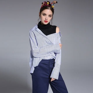 Two Layers Blue Strip Long Sleeve Shirt | VoguesUs