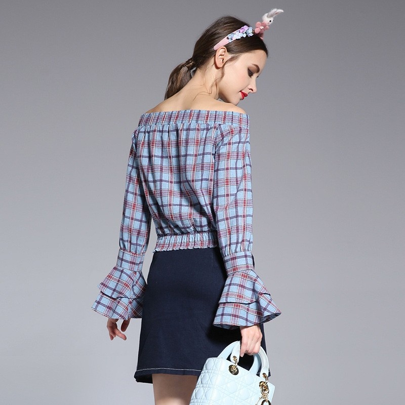 Sweet Stylish Off Shoulder Long Flute Sleever Plaid Shirt | VoguesUs