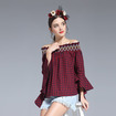 Fashion Sexy Off Shoulder Flute Sleeves Blouse In Red Checked