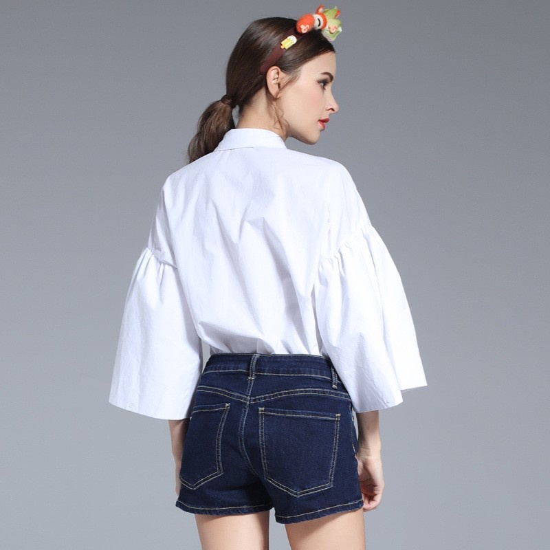 White Sweet Floral Embroidery Flute Sleeve Shirt With Colorful Button