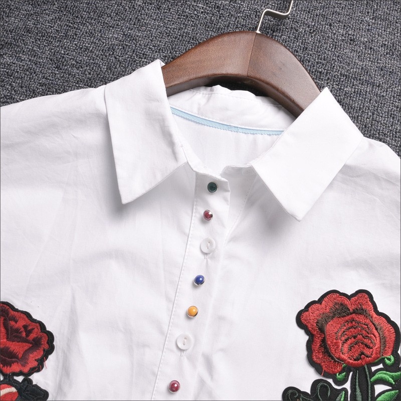 White Sweet Floral Embroidery Flute Sleeve Shirt With Colorful Button