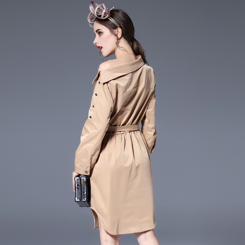 Une Épaule Manches Longues Midi Robe Avec Ceinture Cravate | VoguesUs