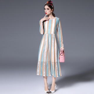 Multi Color Stripe Long Sleeve Midi Dress With Lace Detail | VoguesUs