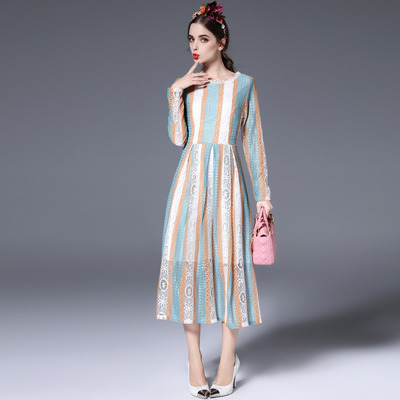 Multi Color Stripe Langarm Midi-Kleid Mit Spitze Detail | VoguesUs