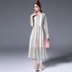 Multi Color Stripe Long Sleeve Midi Dress With Lace Detail