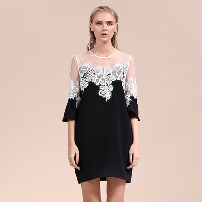 New Look Stitching Mesh Lace Spliced Midi Dress | VoguesUs